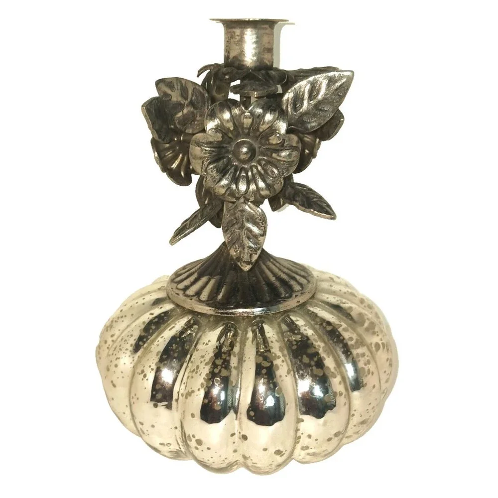 Vintage Rooste Silver Mercury Glass Pumpkin Candlestick Holder Punched Tin 7.75